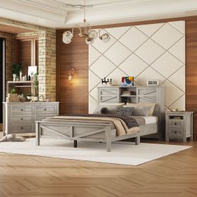 3-Pieces Bedroom Sets Queen Size Farmhouse Platform Bed with Double Sliding Door Storage Headboard and Charging Station