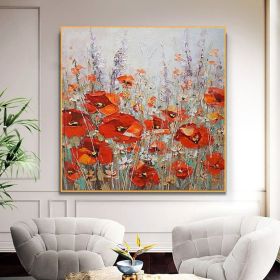 Original Red Flowers Painting Handmade On Canvas Landscape Oil Painting Thick Flowers Oil Wall Art Decor For Living Room Home Decoration (Style: 01, size: 80x80cm)