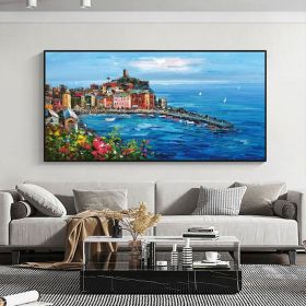 Hand Painted Original Mediterranean Landscape Oil Painting On Canvas Impressionist Mediterranean-Sea Canvas Art Textured Coastal Wall Art For Bedroom (Style: 01, size: 60x120cm)
