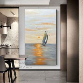 Hand Painted Original Seascape Oil Painting On Canvas Abstract Sunrise Landscape Painting Modern Ocean And Sailboat Canvas Wall Art Nautical Wall Art (Style: 01, size: 120x240cm)