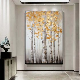 Handmade Oil Painting Original Landscape Painting Birch Trees Painting Gray Gold Wall Art Extra Large Wall Art Painting Modern Wall Decor Contemporary (Style: 01, size: 80x120cm)