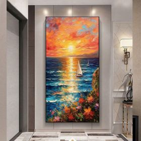 Hand Painted Original Nautical Oil Painting On Canvas Large Wall Art Abstract Ocean Sunset Landscape Painting Custom Painting Living Room Wall Decor (Style: 01, size: 70x140cm)