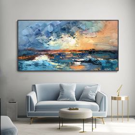 Hand Painted Abstract Ocean Seascape Canvas Oil Painting Sunrise Cloud Landscape Knife Painting Beach Coastal Hand Textured Wall Art Custom Vacation G (Style: 01, size: 40x80cm)