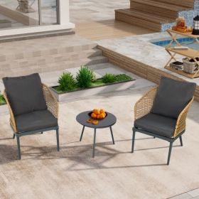 Outdoor Wicker Chairs and Table Bistro Conversation Furniture Set, 3 Pieces for Porch, Balcony, Deck, Patio, Backyard, Natural Color (Color: Gray)